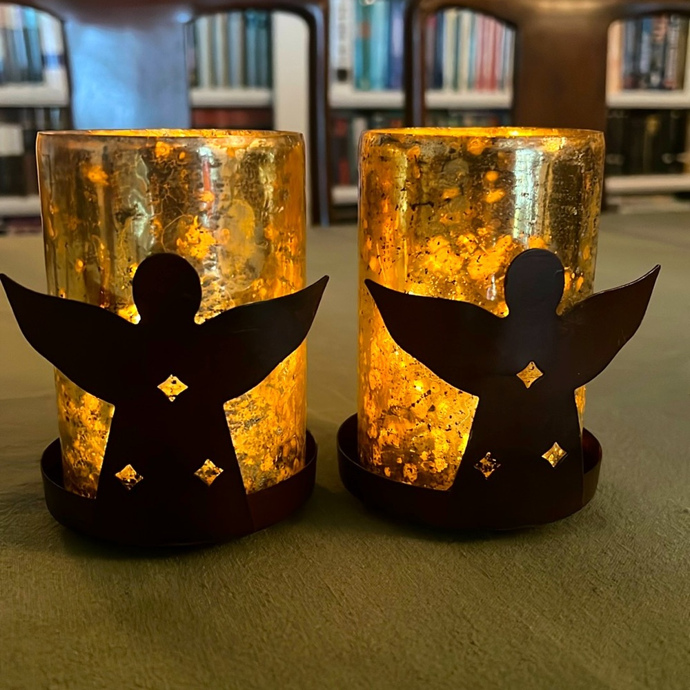 Pair of beautiful gold mercury glass & metal angel candle holders by Pomeroy.